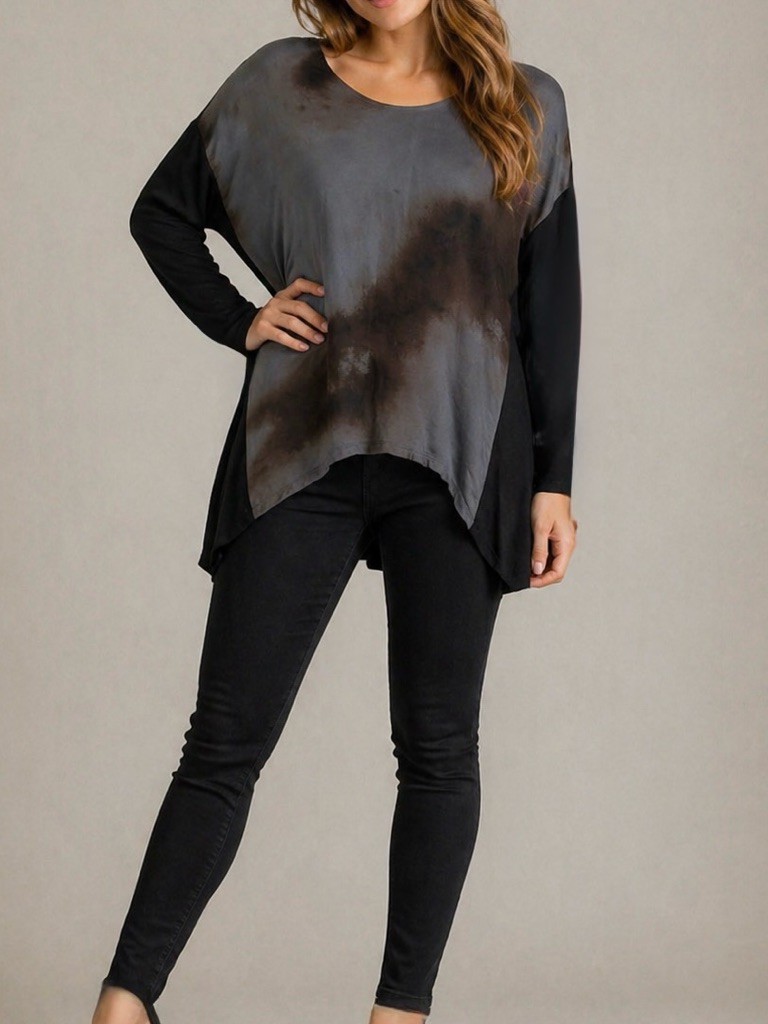 Johnny Was Biya Vintage Black And Gray Tie Dye Silk Shirt/ Tunic